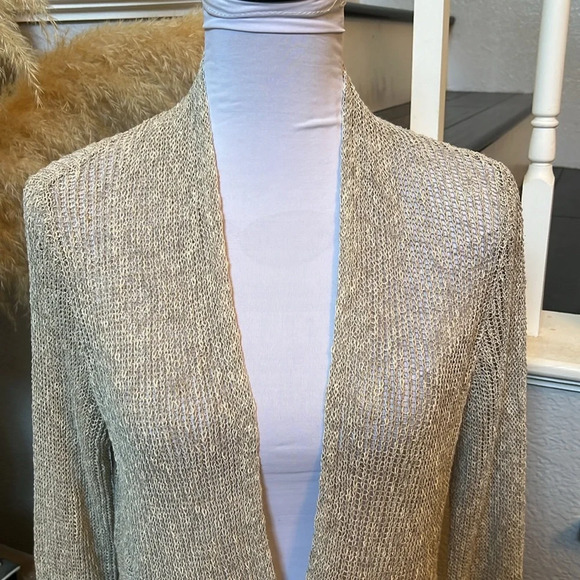 Eileen Fisher Petite Open Front Lace Knit Cardigan Beige Long Sleeve Sz Medium - Picture 2 of 8